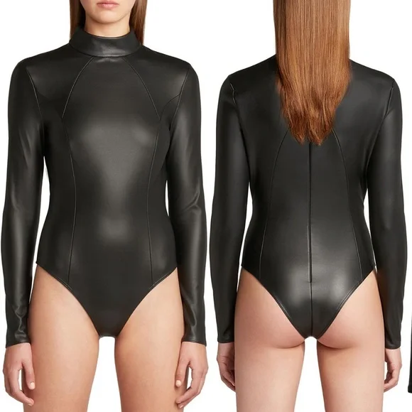 WOLFORD X AMINA MUADDI FAUX LEATHER BODYSUIT, SZ IT/40 FR/36